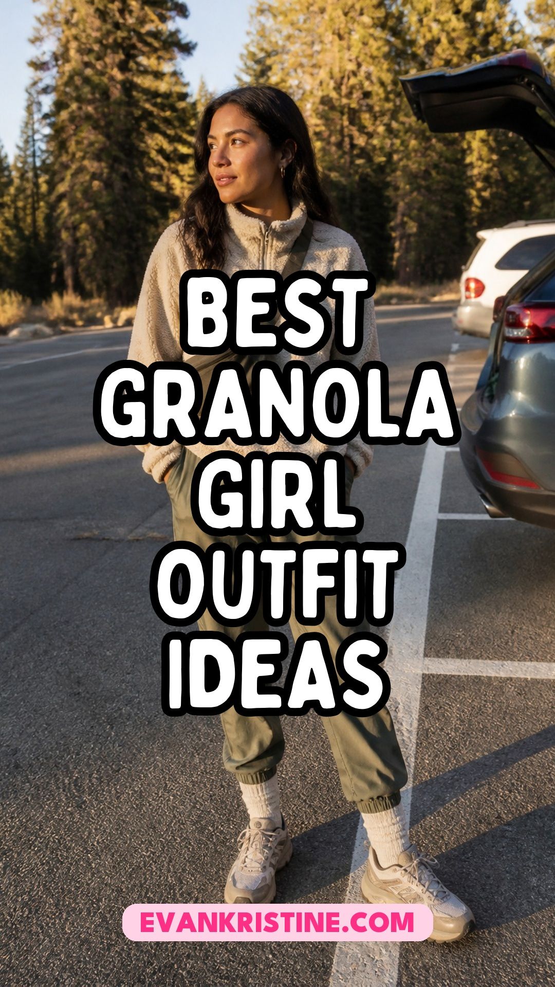 Granola girl outfit ideas with fleece, flannel and trail sneakers