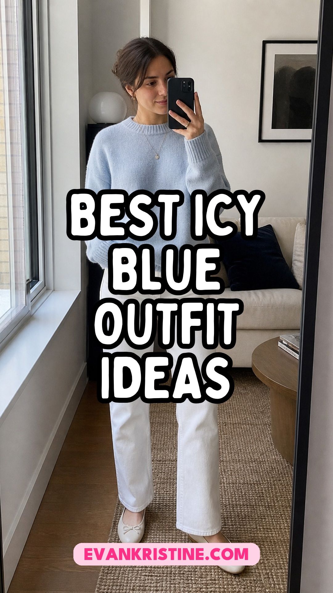 Collage of icy blue outfit ideas with pale blue sweaters, coats and denim