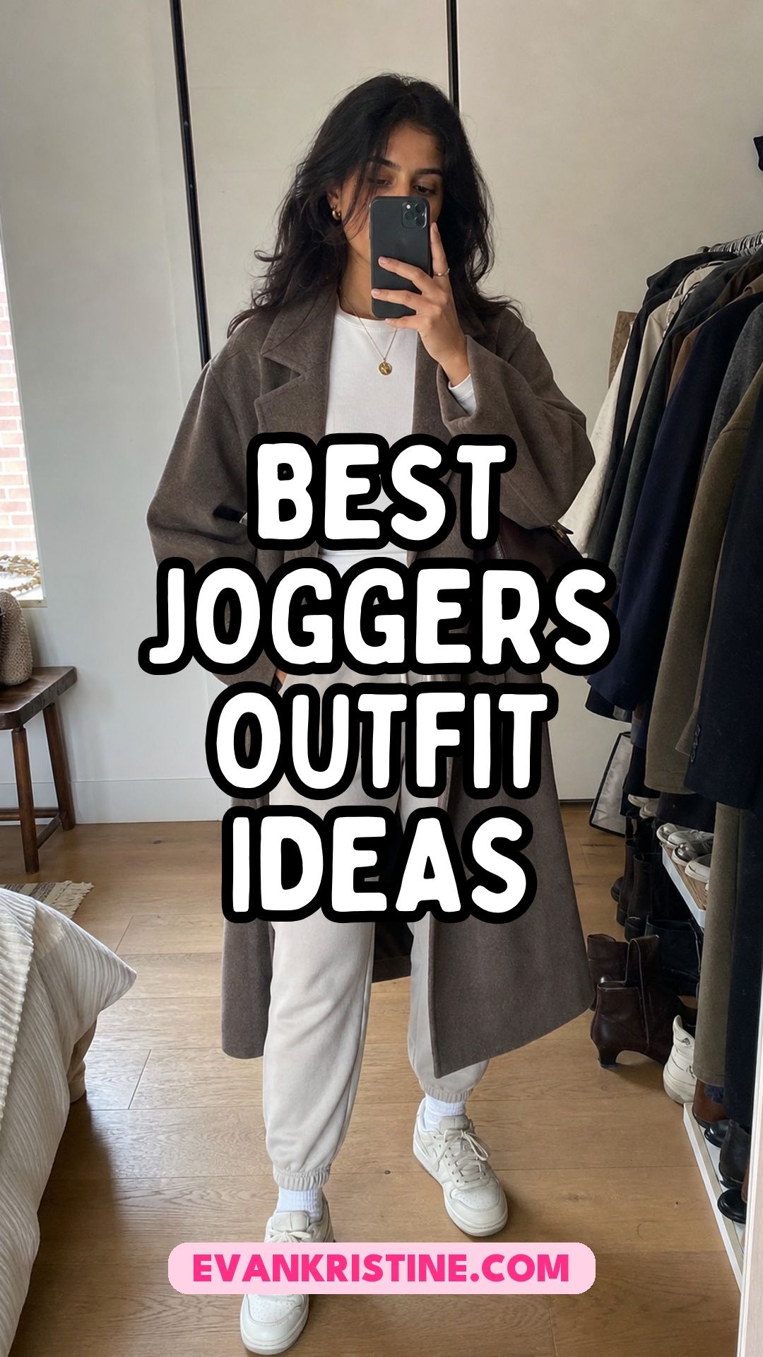 Joggers outfit ideas with coats, blazers and sneakers