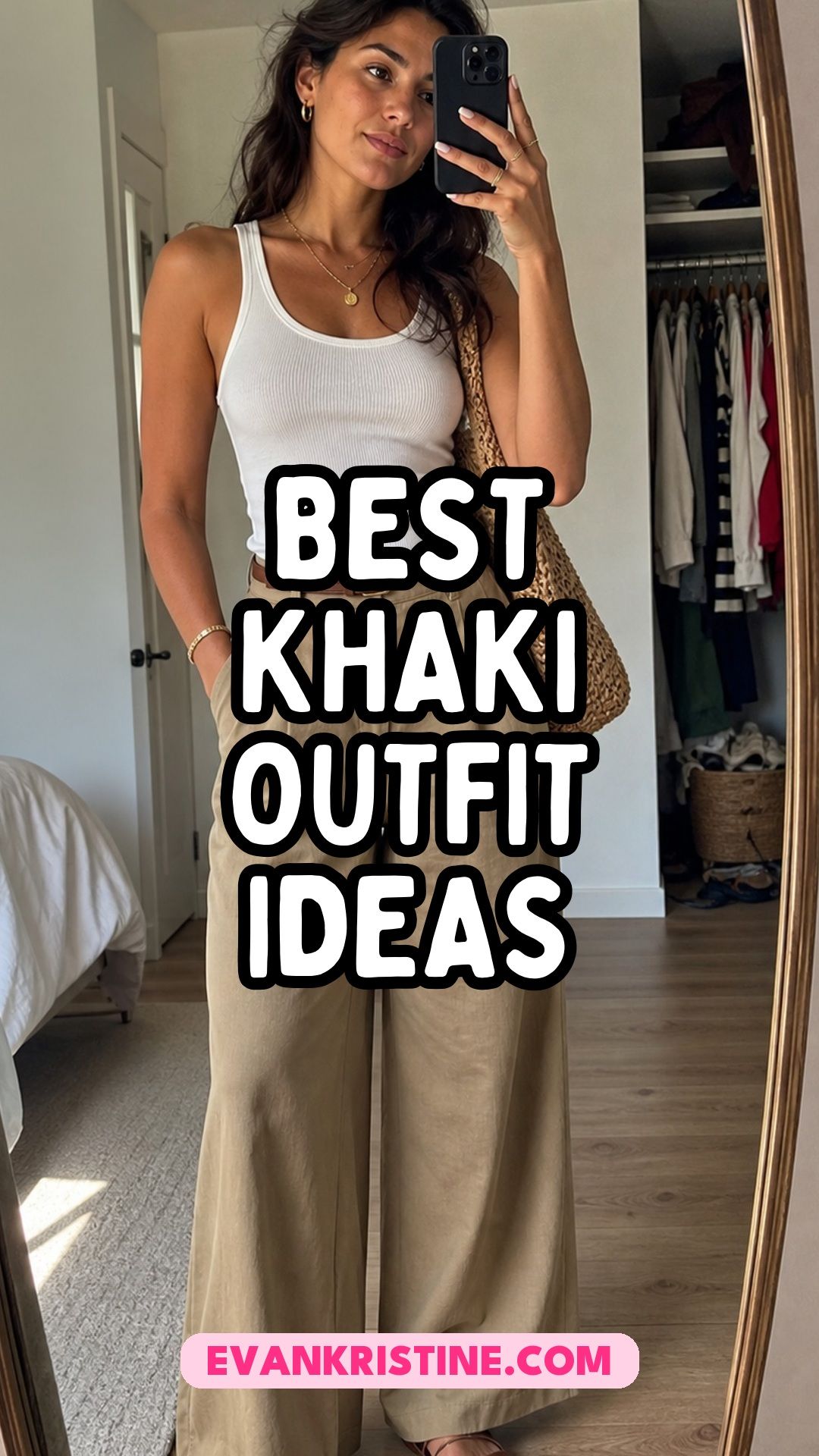 Collage of khaki outfit ideas with wide-leg pants, cargos and a trench coat