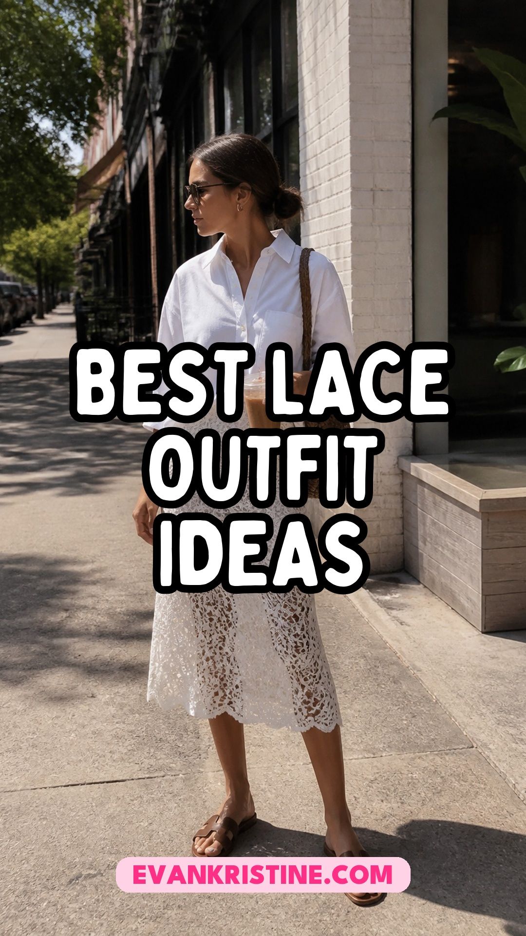 Collage of lace outfit ideas with lace tops, skirts and slip dresses styled with denim