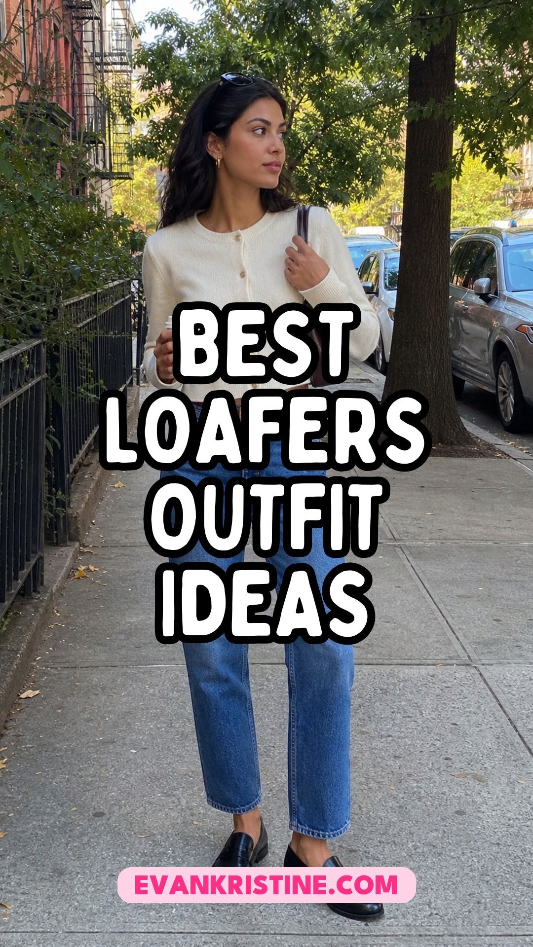 Collage of loafers outfit ideas with jeans, skirts and trousers