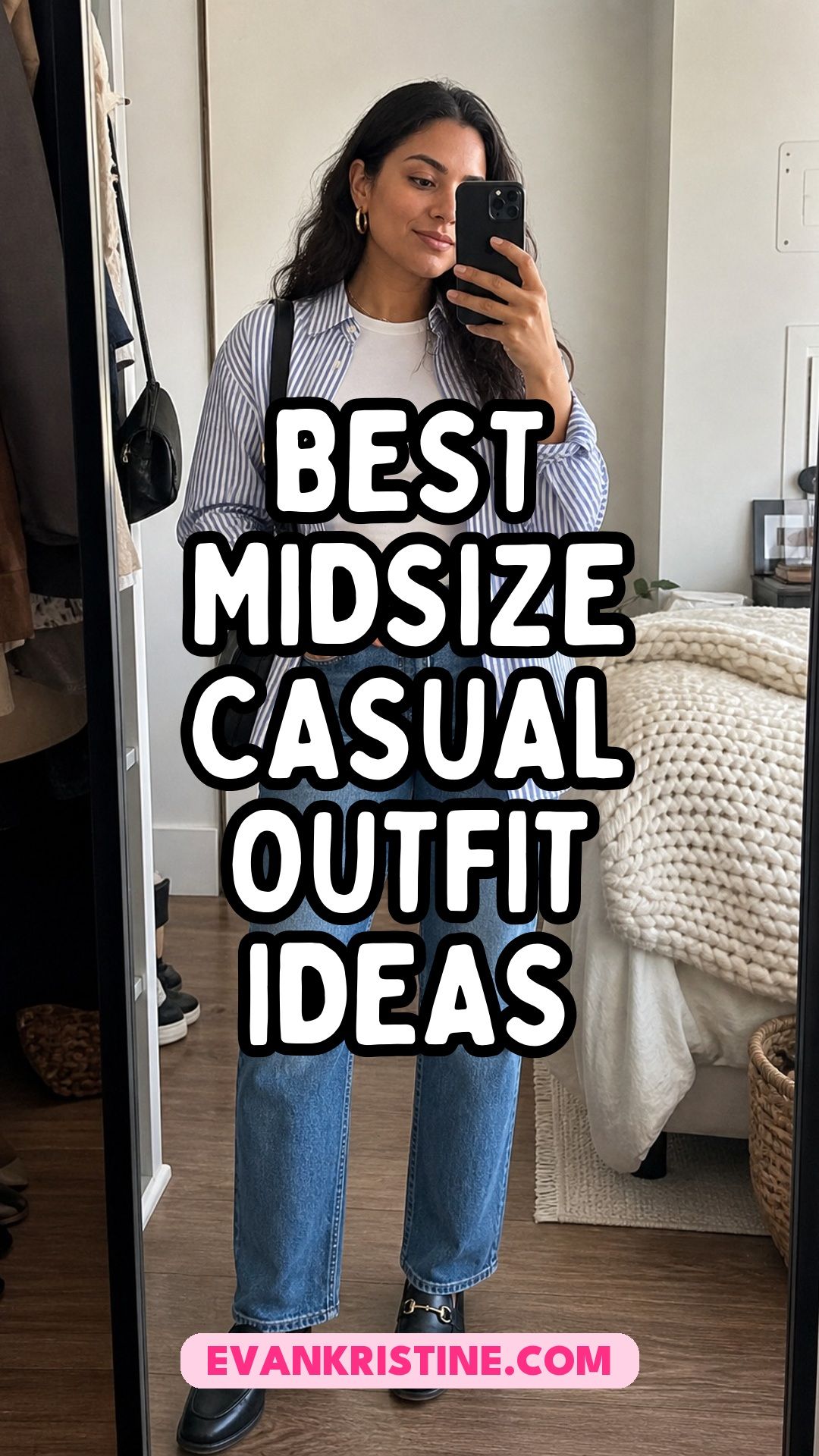 Collage of midsize casual outfits with straight jeans, midi skirts and open shirts