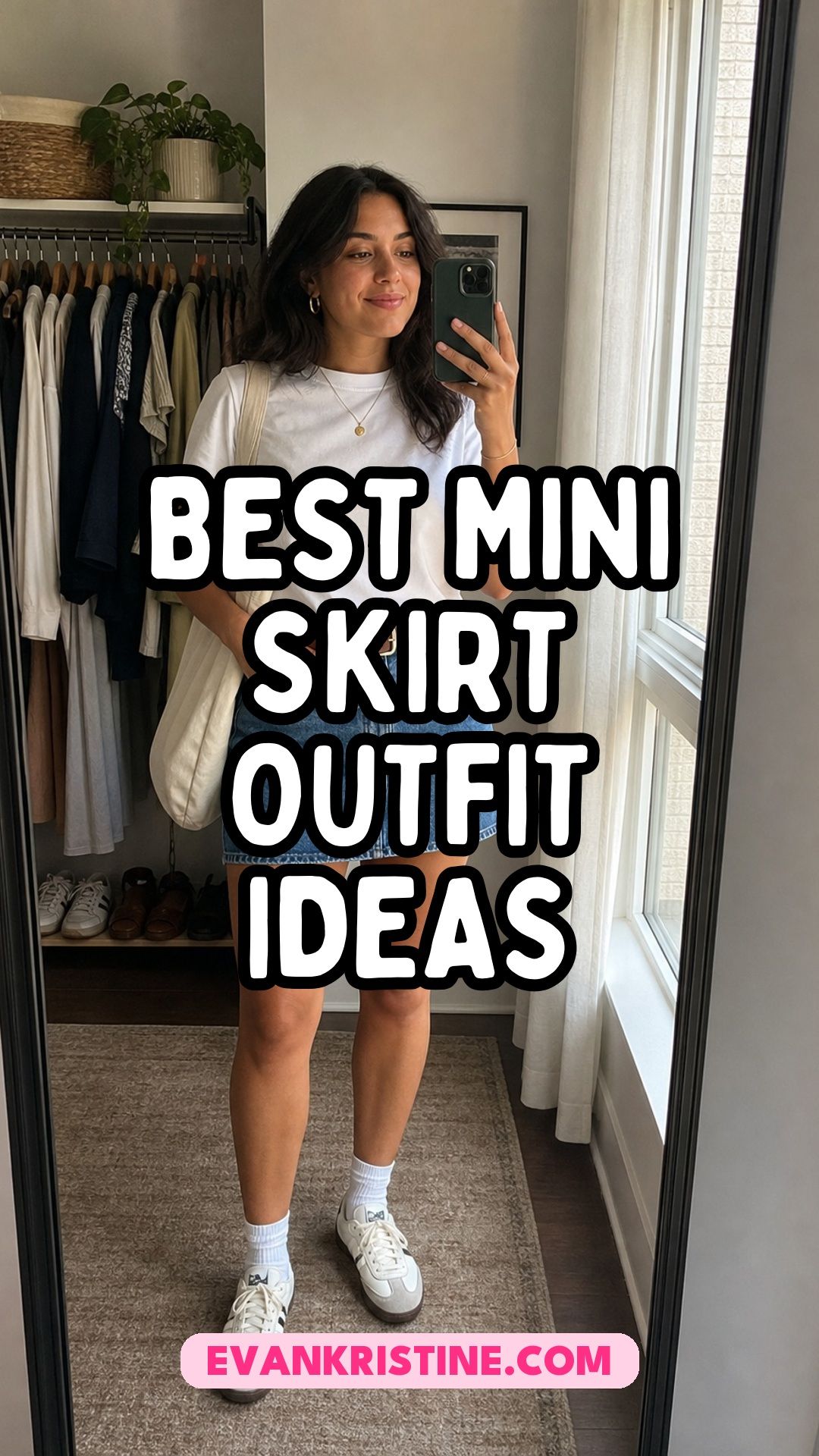 Woman in a denim mini skirt with an oversized shirt and loafers
