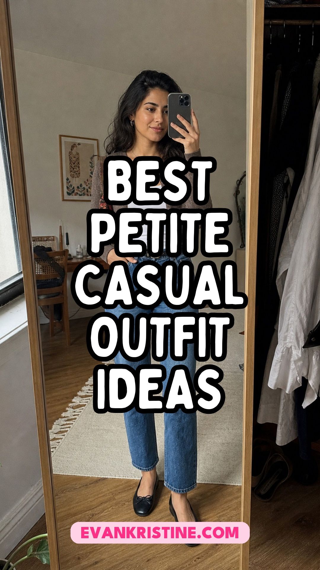 Collage of petite casual outfits with high-rise jeans, short jackets and flats