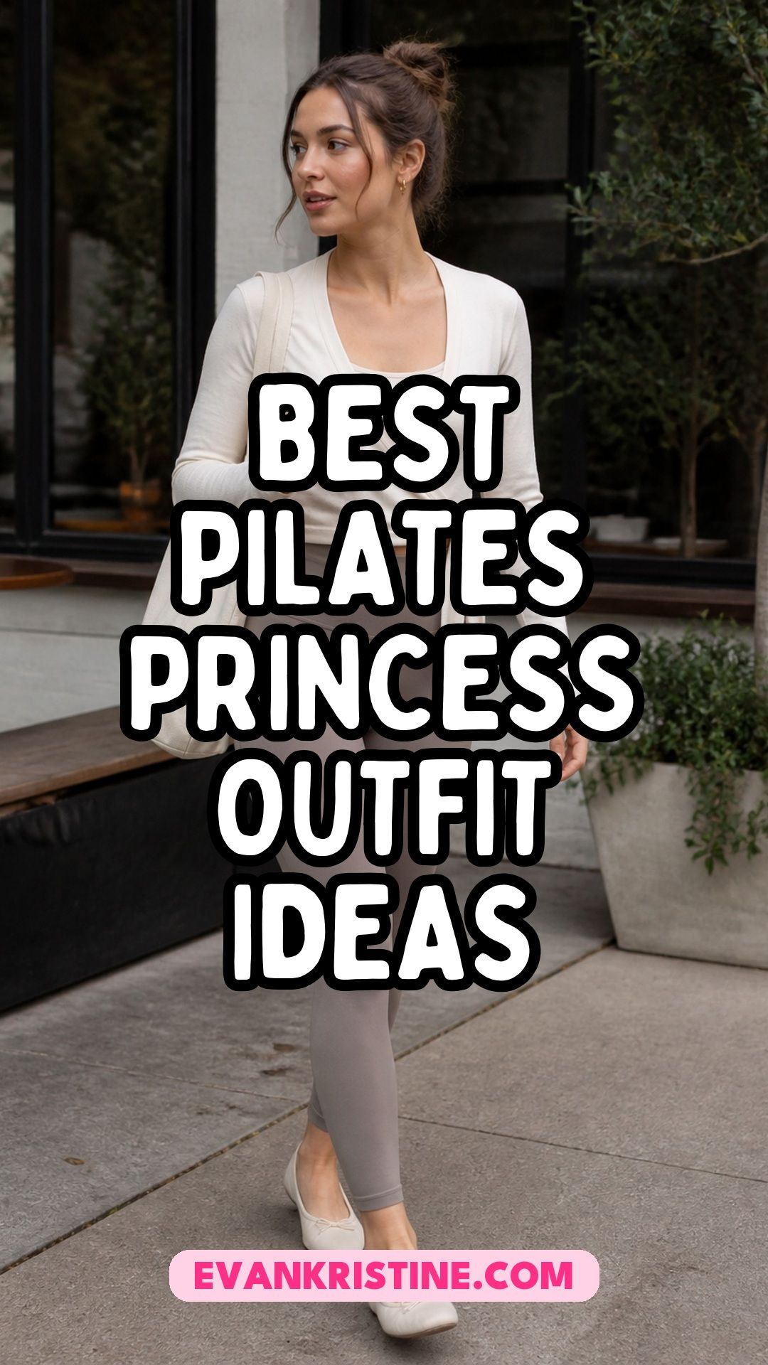 Collage of Pilates princess outfits in blush, cream and black activewear