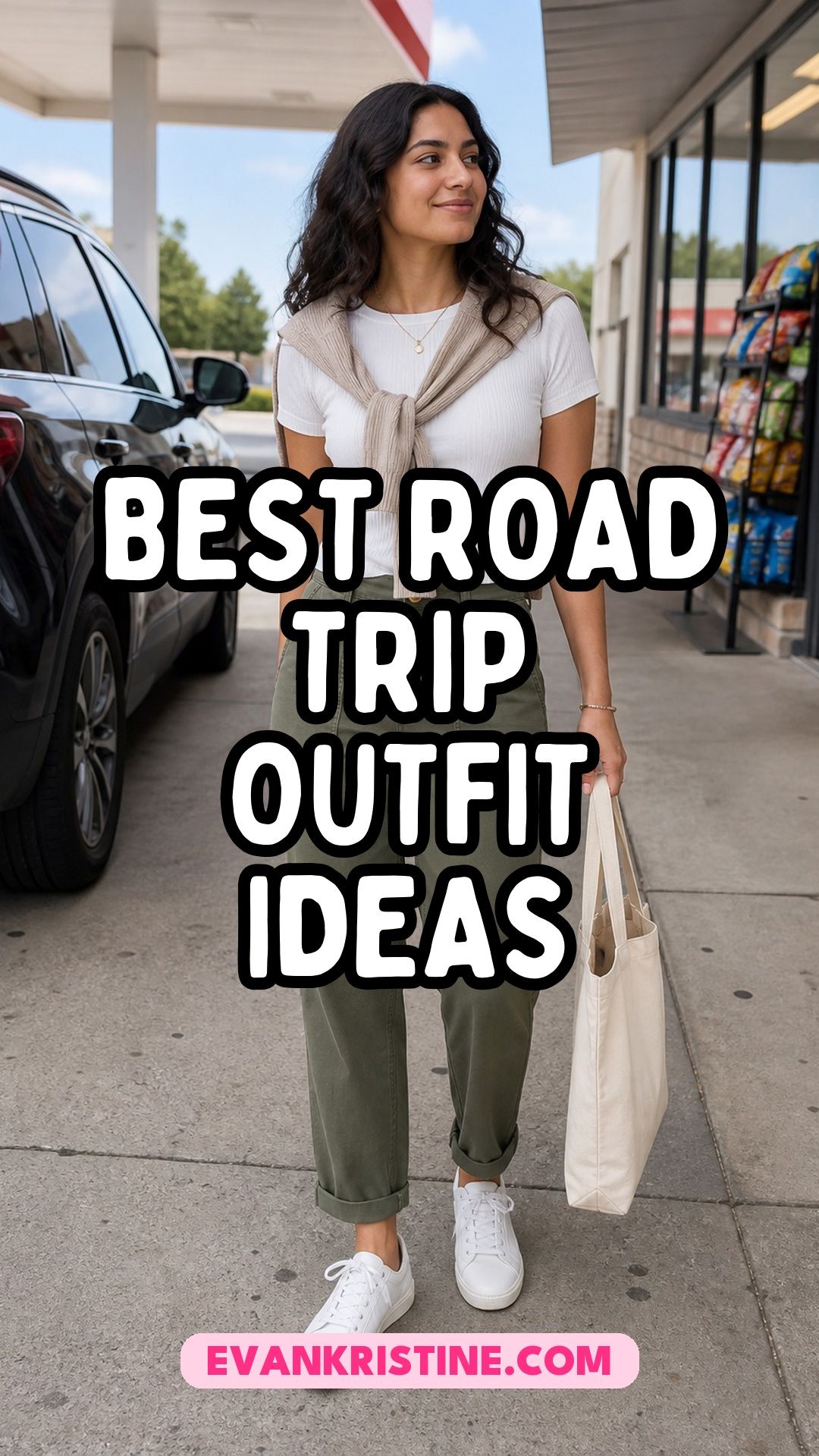 Road trip outfit ideas pin with a woman in olive utility pants, a white tee and a sweater tied over her shoulders at a gas station