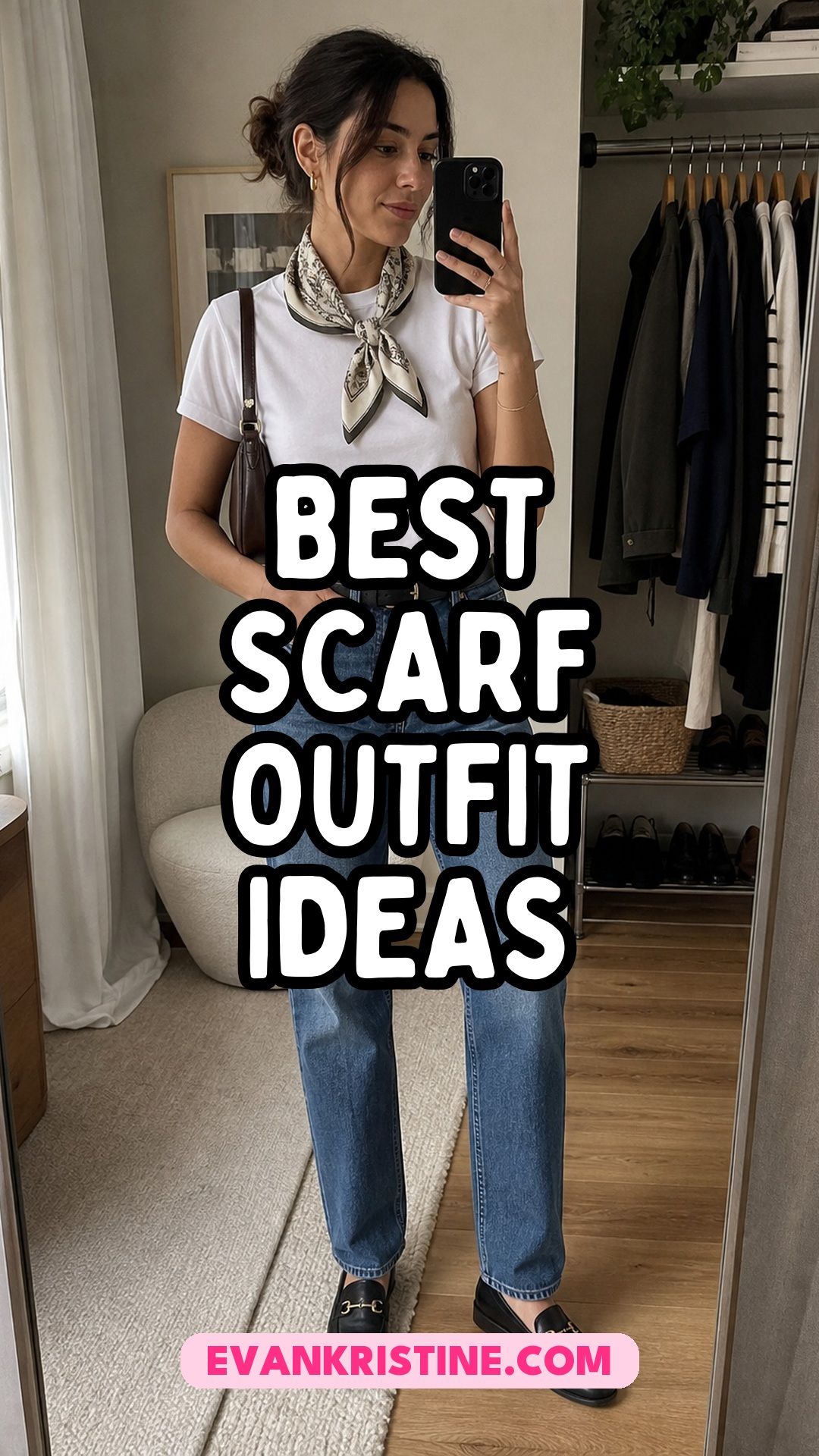 Collage of scarf outfit ideas with tees, blazers and dresses