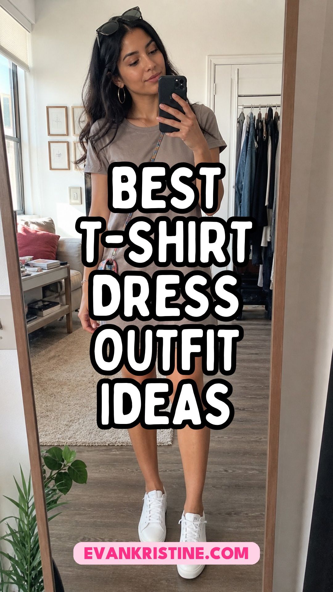 Collage of T-shirt dress outfits with sneakers, jackets and boots
