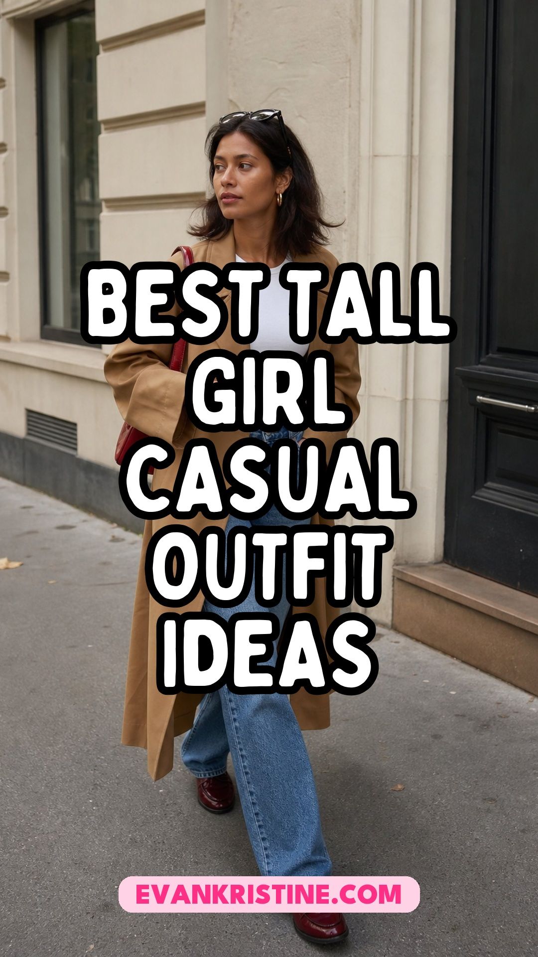 Collage of tall girl casual outfits with full-length jeans, maxi skirts and longline coats