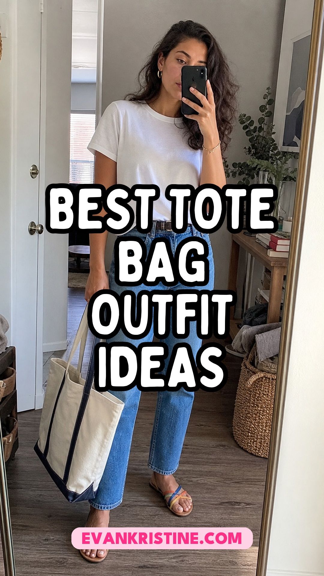 Collage of women wearing tote bag outfits with jeans, dresses and blazers