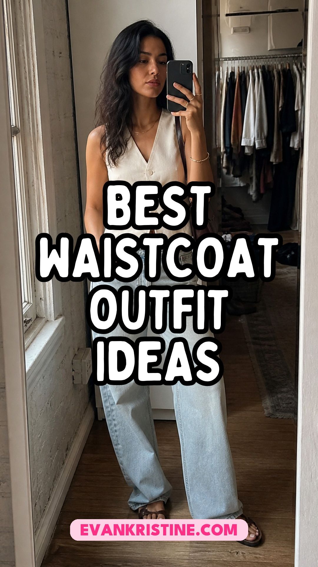 Waistcoat outfit ideas pin with a woman in a cream waistcoat and light-wash wide jeans taking a mirror selfie