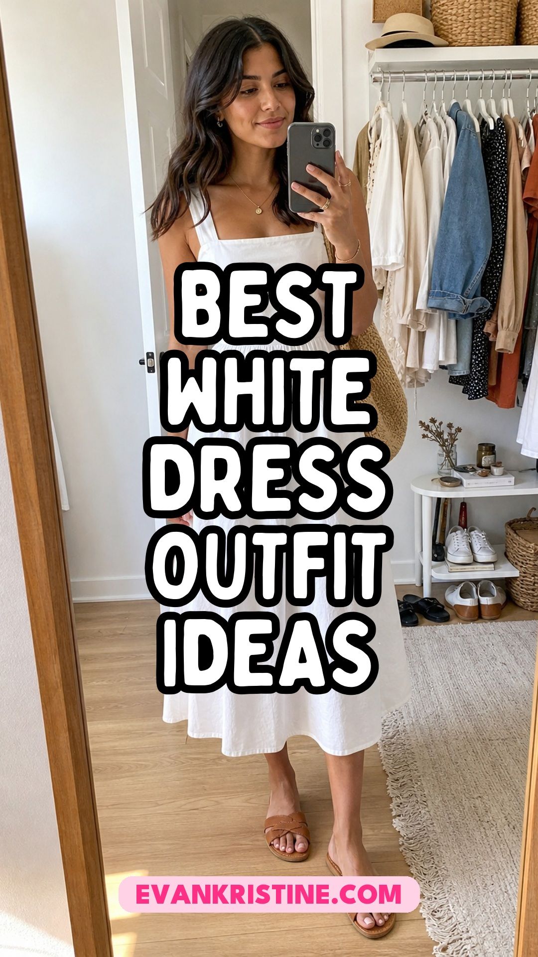 Collage of casual white dress outfits with sandals, sneakers and light layers