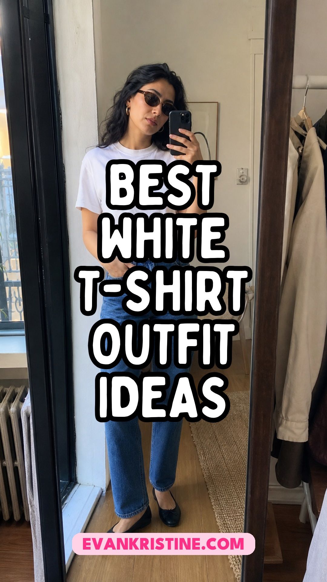 Collage of white T-shirt outfits with jeans, skirts and jackets